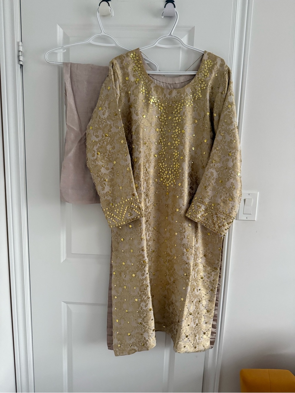 Gold Embellished Long-Sleeve Women's Dress